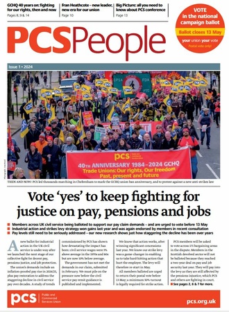 Cover of PCS People, half of which is a large photo of a PCS rally, the lower half is text.