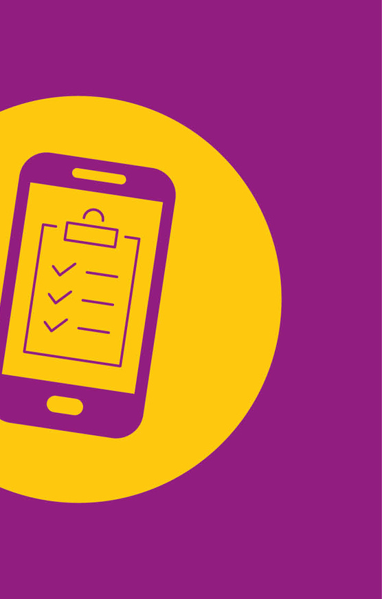 Yellow and purple mobile phone screen with survey/ticklist