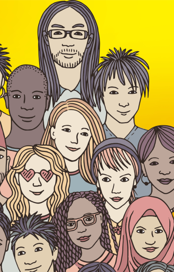 Sketch of a large group of faces of different genders, ages and colours