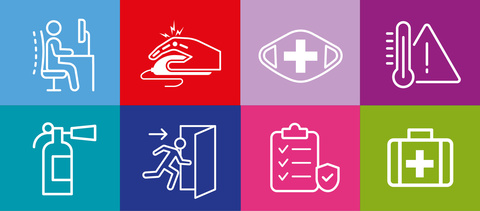 8 squares with H&S related pictures e.g. first aid kit, fire extinguisher