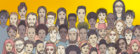 A large group of people of different ages, colours and genders
