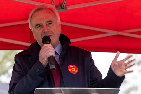 MP John McDonnell addresses the crowd at the PCS rally in London
