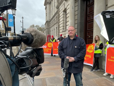PCS deputy president Martin Cavanagh ready to be interviewed outside 100 Parliament Street in London